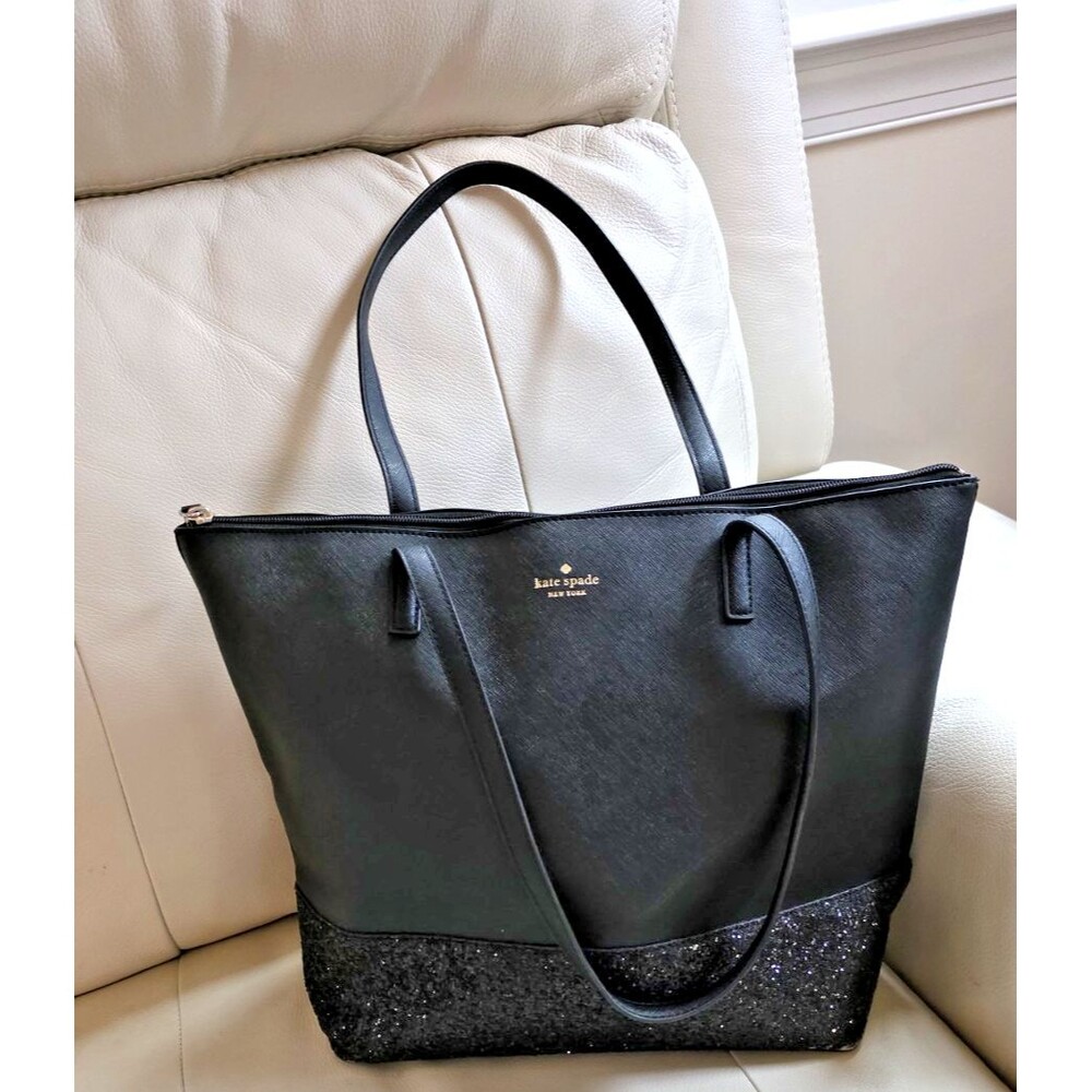 Kate Spade Greta Court Glitter Penny Tote Bag Womens Large Black